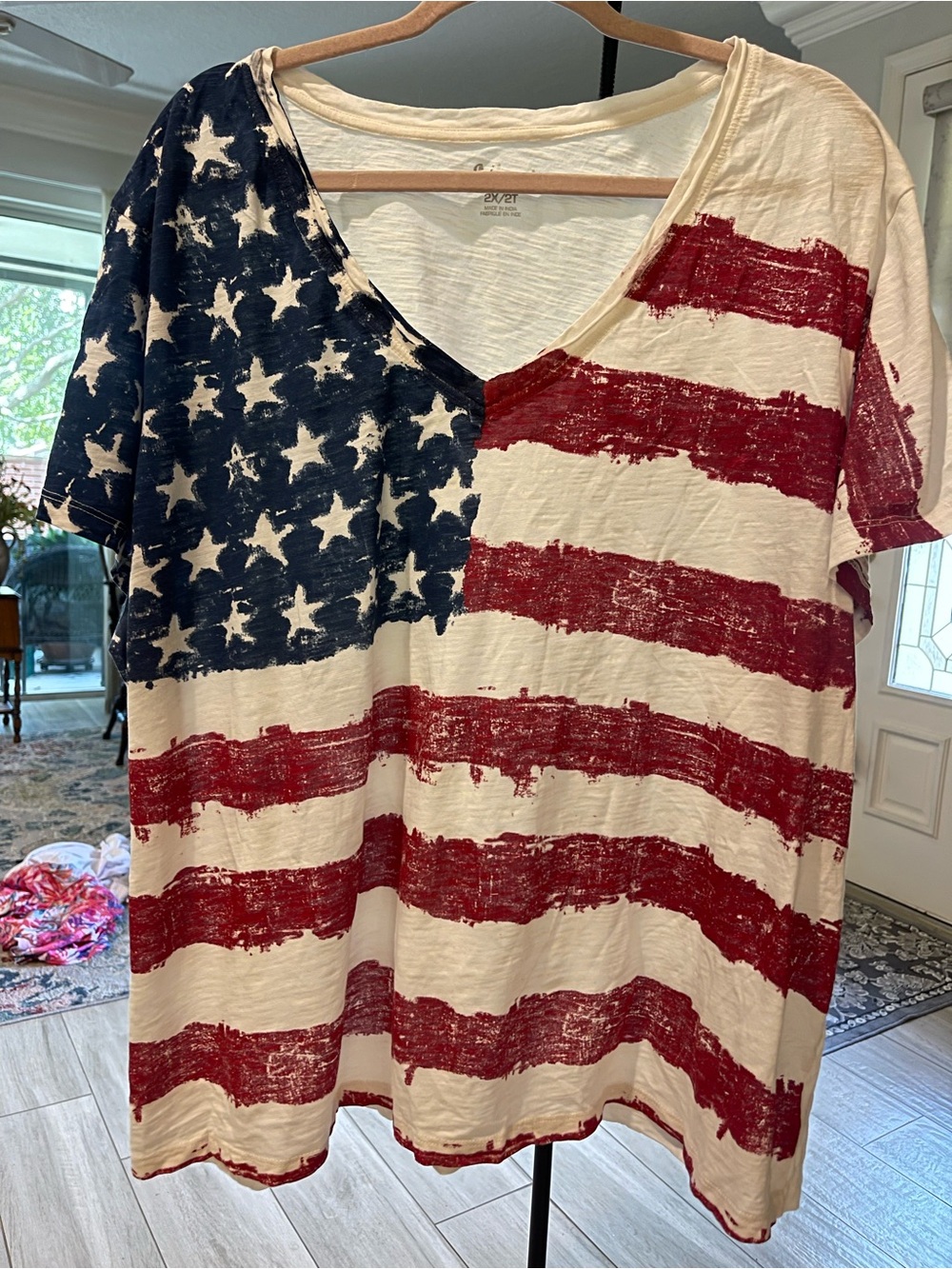 Natural Reflections V-Neck Short Sleeve Tee - Red, White & Blue